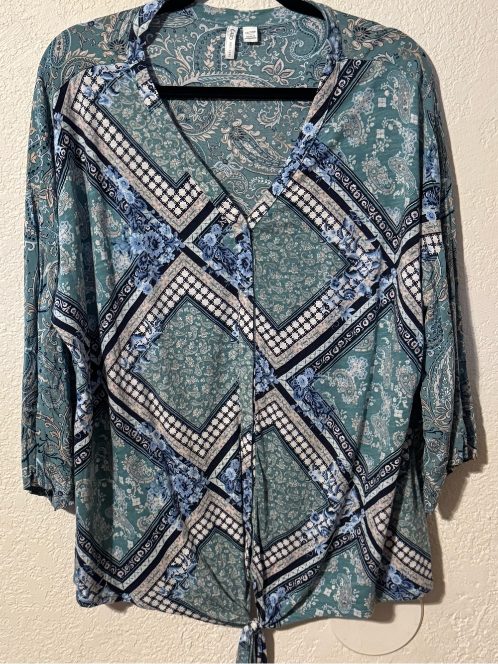 Cato Sz 18/20 W Teal Geometric Tie-Front Tunic 3/4 Sleeve Boho Beach Flowy